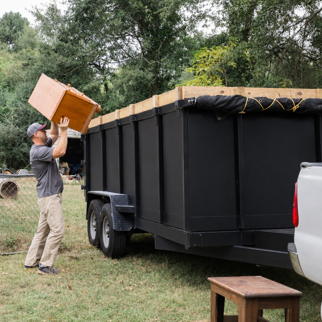 Renovation project with dumpster trailer on residential driveway in Aiken SC