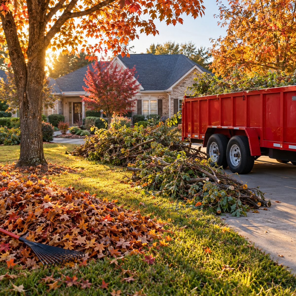 Raked autumn leaves and a pile of trimmed limbs beside a red dump trailer on a driveway in the late afternoon sun