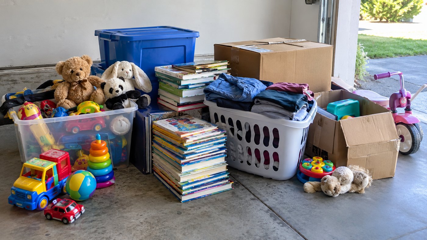 Kids toys, books, clothes and boxes gathered for a household cleanout in Aiken SC